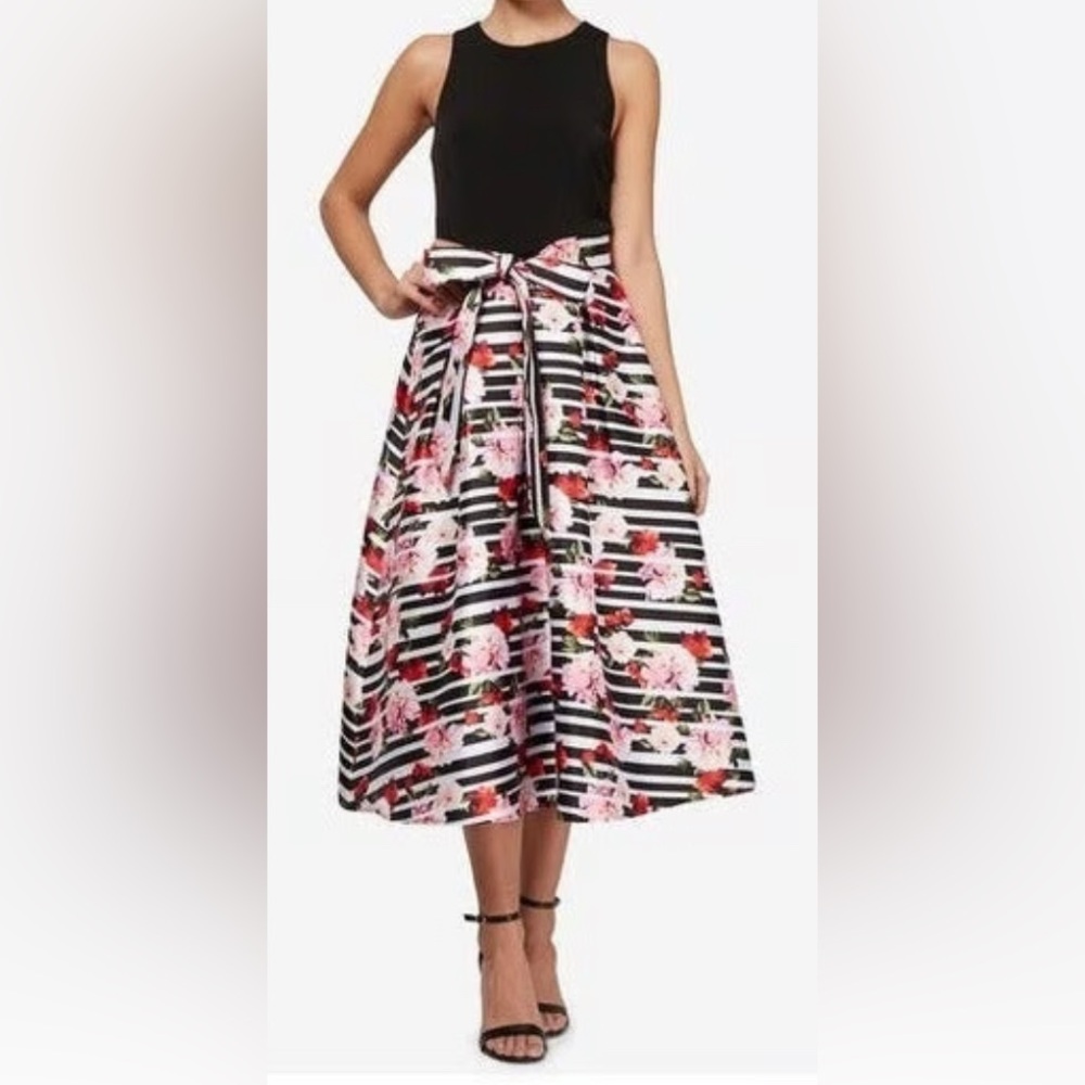 SLNY Black and Pink Floral Midi Dress